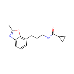 Cc1nc2cccc(CCCNC(=O)C3CC3)c2o1 ZINC000027216673