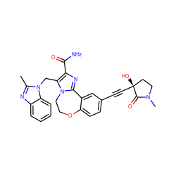 Cc1nc2ccccc2n1Cc1c(C(N)=O)nc2n1CCOc1ccc(C#C[C@]3(O)CCN(C)C3=O)cc1-2 ZINC000215755079