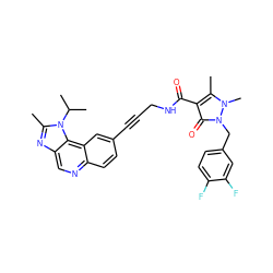 Cc1nc2cnc3ccc(C#CCNC(=O)c4c(C)n(C)n(Cc5ccc(F)c(F)c5)c4=O)cc3c2n1C(C)C ZINC000146689764