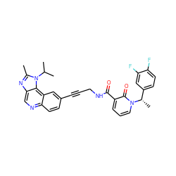 Cc1nc2cnc3ccc(C#CCNC(=O)c4cccn([C@@H](C)c5ccc(F)c(F)c5)c4=O)cc3c2n1C(C)C ZINC000146677665