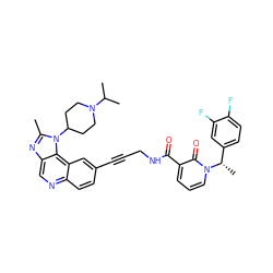 Cc1nc2cnc3ccc(C#CCNC(=O)c4cccn([C@@H](C)c5ccc(F)c(F)c5)c4=O)cc3c2n1C1CCN(C(C)C)CC1 ZINC000169710246