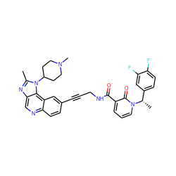 Cc1nc2cnc3ccc(C#CCNC(=O)c4cccn([C@@H](C)c5ccc(F)c(F)c5)c4=O)cc3c2n1C1CCN(C)CC1 ZINC000169710254