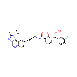 Cc1nc2cnc3ccc(C#CCNC(=O)c4cccn([C@H](CO)c5ccc(F)c(F)c5)c4=O)cc3c2n1C(C)C ZINC000169710225