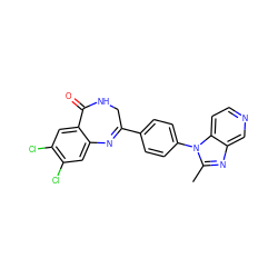 Cc1nc2cnccc2n1-c1ccc(C2=Nc3cc(Cl)c(Cl)cc3C(=O)NC2)cc1 ZINC000000604352