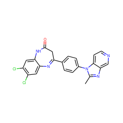 Cc1nc2cnccc2n1-c1ccc(C2=Nc3cc(Cl)c(Cl)cc3NC(=O)C2)cc1 ZINC000013743141