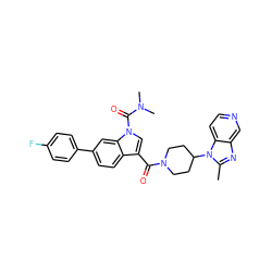 Cc1nc2cnccc2n1C1CCN(C(=O)c2cn(C(=O)N(C)C)c3cc(-c4ccc(F)cc4)ccc23)CC1 ZINC000013776724