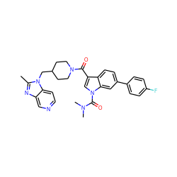 Cc1nc2cnccc2n1CC1CCN(C(=O)c2cn(C(=O)N(C)C)c3cc(-c4ccc(F)cc4)ccc23)CC1 ZINC000028017695