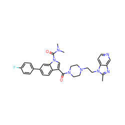 Cc1nc2cnccc2n1CCN1CCN(C(=O)c2cn(C(=O)N(C)C)c3cc(-c4ccc(F)cc4)ccc23)CC1 ZINC000028023000