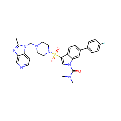 Cc1nc2cnccc2n1CN1CCN(S(=O)(=O)c2cn(C(=O)N(C)C)c3cc(-c4ccc(F)cc4)ccc23)CC1 ZINC000028092120