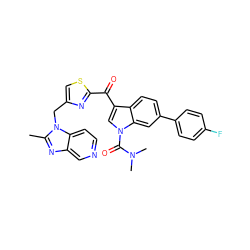 Cc1nc2cnccc2n1Cc1csc(C(=O)c2cn(C(=O)N(C)C)c3cc(-c4ccc(F)cc4)ccc23)n1 ZINC000028011533