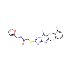 Cc1nc2nc(SCC(=O)NCc3ccco3)nn2c(C)c1Cc1c(F)cccc1Cl ZINC000003638289