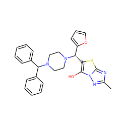 Cc1nc2sc([C@@H](c3ccco3)N3CCN(C(c4ccccc4)c4ccccc4)CC3)c(O)n2n1 ZINC000022875228