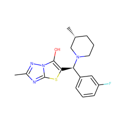 Cc1nc2sc([C@H](c3cccc(F)c3)N3CCC[C@@H](C)C3)c(O)n2n1 ZINC000023157335