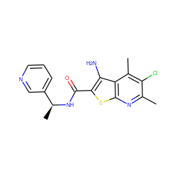 Cc1nc2sc(C(=O)N[C@@H](C)c3cccnc3)c(N)c2c(C)c1Cl ZINC000095593357