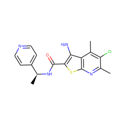 Cc1nc2sc(C(=O)N[C@@H](C)c3ccncc3)c(N)c2c(C)c1Cl ZINC000095596390