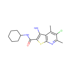 Cc1nc2sc(C(=O)NC3CCCCC3)c(N)c2c(C)c1Cl ZINC000001425196