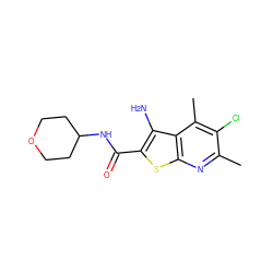 Cc1nc2sc(C(=O)NC3CCOCC3)c(N)c2c(C)c1Cl ZINC000095597312