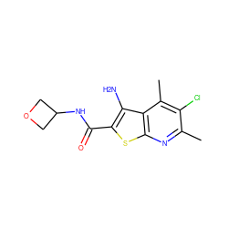 Cc1nc2sc(C(=O)NC3COC3)c(N)c2c(C)c1Cl ZINC000095595723