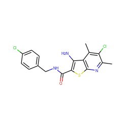 Cc1nc2sc(C(=O)NCc3ccc(Cl)cc3)c(N)c2c(C)c1Cl ZINC000001425735