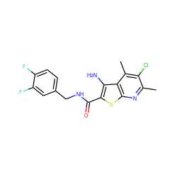 Cc1nc2sc(C(=O)NCc3ccc(F)c(F)c3)c(N)c2c(C)c1Cl ZINC000095598012