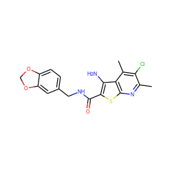 Cc1nc2sc(C(=O)NCc3ccc4c(c3)OCO4)c(N)c2c(C)c1Cl ZINC000095594049