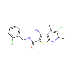 Cc1nc2sc(C(=O)NCc3ccccc3Cl)c(N)c2c(C)c1Cl ZINC000001425197