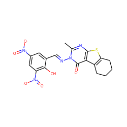 Cc1nc2sc3c(c2c(=O)n1/N=C/c1cc([N+](=O)[O-])cc([N+](=O)[O-])c1O)CCCC3 ZINC000038175418