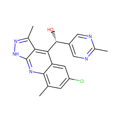 Cc1ncc([C@@H](O)c2c3cc(Cl)cc(C)c3nc3[nH]nc(C)c23)cn1 ZINC000073197632