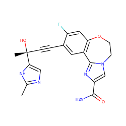 Cc1ncc([C@](C)(O)C#Cc2cc3c(cc2F)OCCn2cc(C(N)=O)nc2-3)[nH]1 ZINC000215747760