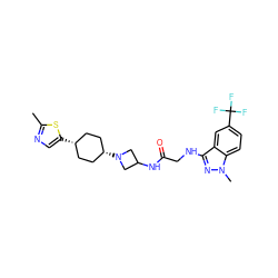 Cc1ncc([C@H]2CC[C@@H](N3CC(NC(=O)CNc4nn(C)c5ccc(C(F)(F)F)cc45)C3)CC2)s1 ZINC000261157452