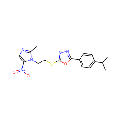 Cc1ncc([N+](=O)[O-])n1CCSc1nnc(-c2ccc(C(C)C)cc2)o1 ZINC000095601823