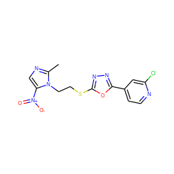 Cc1ncc([N+](=O)[O-])n1CCSc1nnc(-c2ccnc(Cl)c2)o1 ZINC000095602138