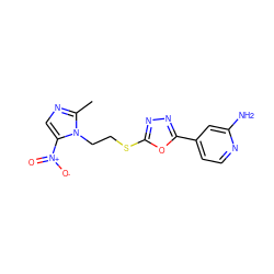 Cc1ncc([N+](=O)[O-])n1CCSc1nnc(-c2ccnc(N)c2)o1 ZINC000095601744