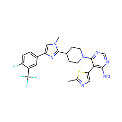 Cc1ncc(-c2c(N)ncnc2N2CCC(c3nc(-c4ccc(F)c(C(F)(F)F)c4)cn3C)CC2)s1 ZINC000219097398