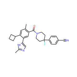 Cc1ncc(-c2cc(C(=O)N3CCC(F)(c4ccc(C#N)cc4)CC3)c(C)cc2C2CCC2)[nH]1 ZINC000150181244