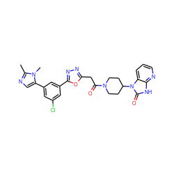 Cc1ncc(-c2cc(Cl)cc(-c3nnc(CC(=O)N4CCC(n5c(=O)[nH]c6ncccc65)CC4)o3)c2)n1C ZINC000049766386