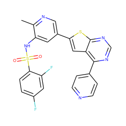 Cc1ncc(-c2cc3c(-c4ccncc4)ncnc3s2)cc1NS(=O)(=O)c1ccc(F)cc1F ZINC000473119910