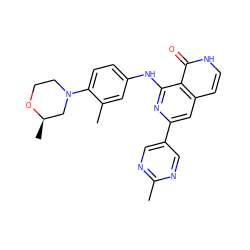 Cc1ncc(-c2cc3cc[nH]c(=O)c3c(Nc3ccc(N4CCO[C@H](C)C4)c(C)c3)n2)cn1 ZINC000096174454