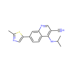 Cc1ncc(-c2ccc3c(NC(C)C)c(C#N)cnc3c2)s1 ZINC000095601531