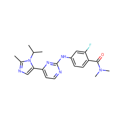 Cc1ncc(-c2ccnc(Nc3ccc(C(=O)N(C)C)c(F)c3)n2)n1C(C)C ZINC000040380685