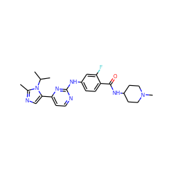 Cc1ncc(-c2ccnc(Nc3ccc(C(=O)NC4CCN(C)CC4)c(F)c3)n2)n1C(C)C ZINC000040846214