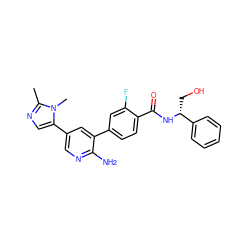 Cc1ncc(-c2cnc(N)c(-c3ccc(C(=O)N[C@H](CO)c4ccccc4)c(F)c3)c2)n1C ZINC001772647891