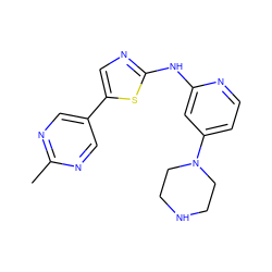 Cc1ncc(-c2cnc(Nc3cc(N4CCNCC4)ccn3)s2)cn1 ZINC000034837440