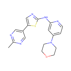 Cc1ncc(-c2cnc(Nc3cc(N4CCOCC4)ccn3)s2)cn1 ZINC000034836995