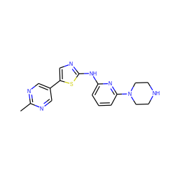 Cc1ncc(-c2cnc(Nc3cccc(N4CCNCC4)n3)s2)cn1 ZINC000034837790