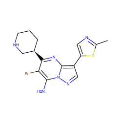 Cc1ncc(-c2cnn3c(N)c(Br)c([C@@H]4CCCNC4)nc23)s1 ZINC000066100795