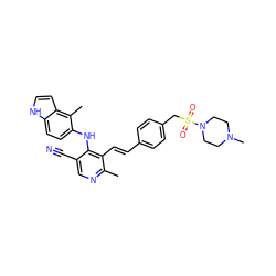 Cc1ncc(C#N)c(Nc2ccc3[nH]ccc3c2C)c1/C=C/c1ccc(CS(=O)(=O)N2CCN(C)CC2)cc1 ZINC000049785850