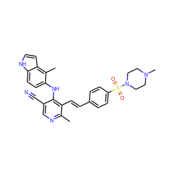 Cc1ncc(C#N)c(Nc2ccc3[nH]ccc3c2C)c1/C=C/c1ccc(S(=O)(=O)N2CCN(C)CC2)cc1 ZINC000049021940