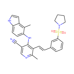 Cc1ncc(C#N)c(Nc2ccc3[nH]ccc3c2C)c1/C=C/c1cccc(S(=O)(=O)N2CCCC2)c1 ZINC000049034360