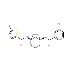 Cc1ncc(C(=O)N[C@@]23CCC[C@@](NC(=O)c4cccc(Cl)c4)(CC2)C3)s1 ZINC000169710853